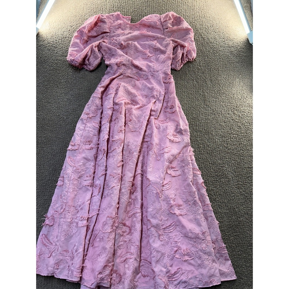 ASOS DESIGN Pink Floral Textured Puff Sleeve Midi Dress US 2 UK 6 EU 34